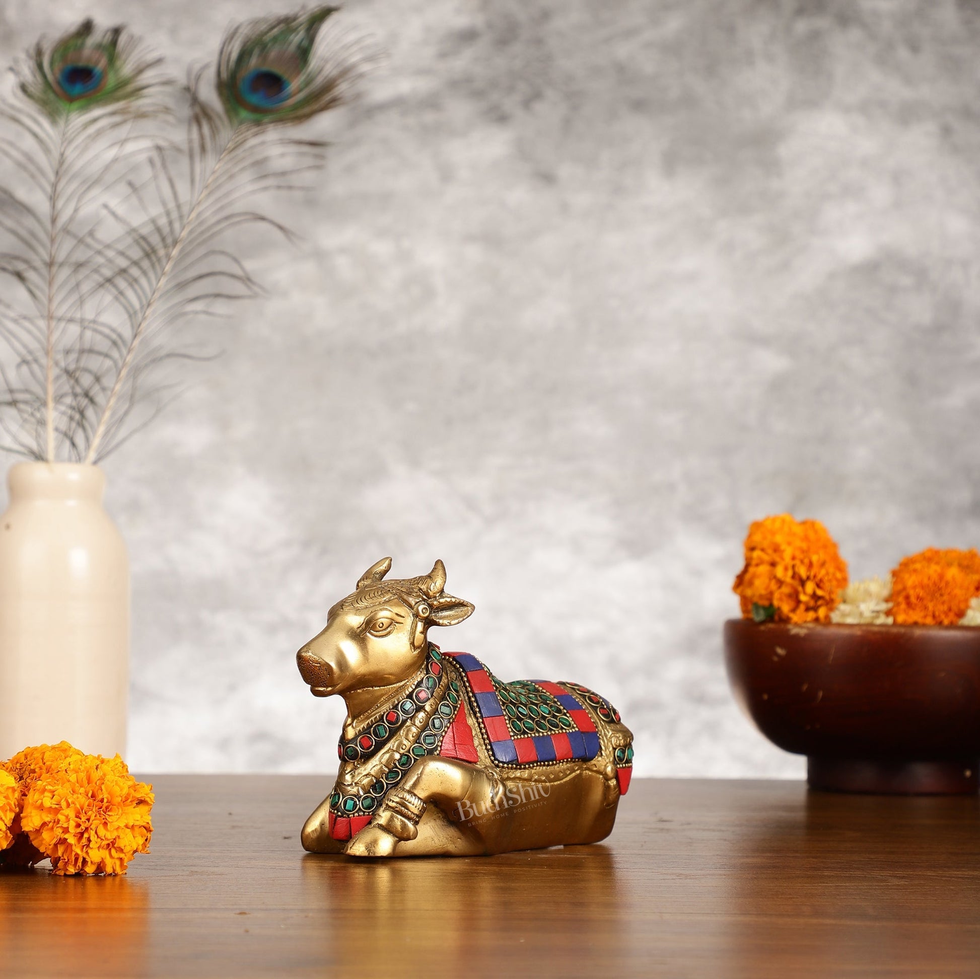 Brass Small Nandi Idol with Stonework | 6"