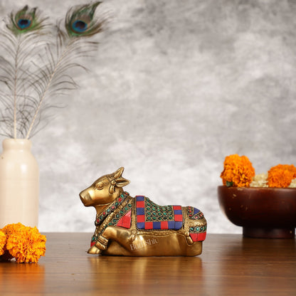 Brass Small Nandi Idol with Stonework | 6"