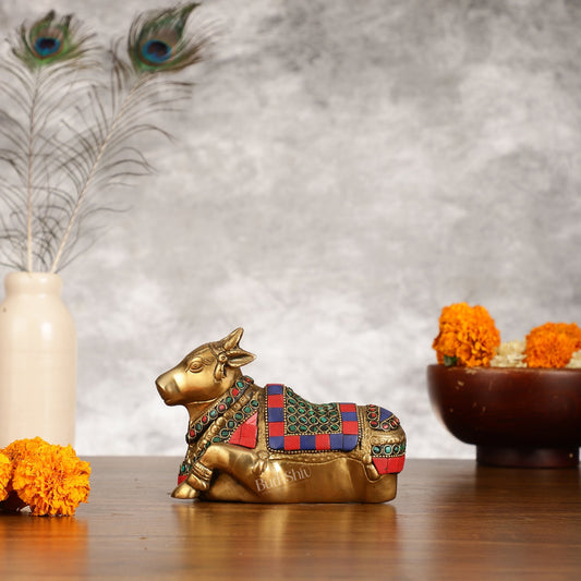 Brass Small Nandi Idol with Stonework | 6"