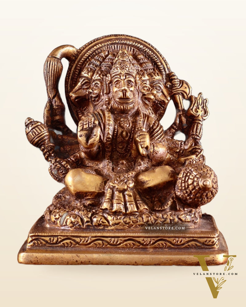 Brass Small Panchmukhi Hanuman with Crossed Legs Statue 3.5" antique tone