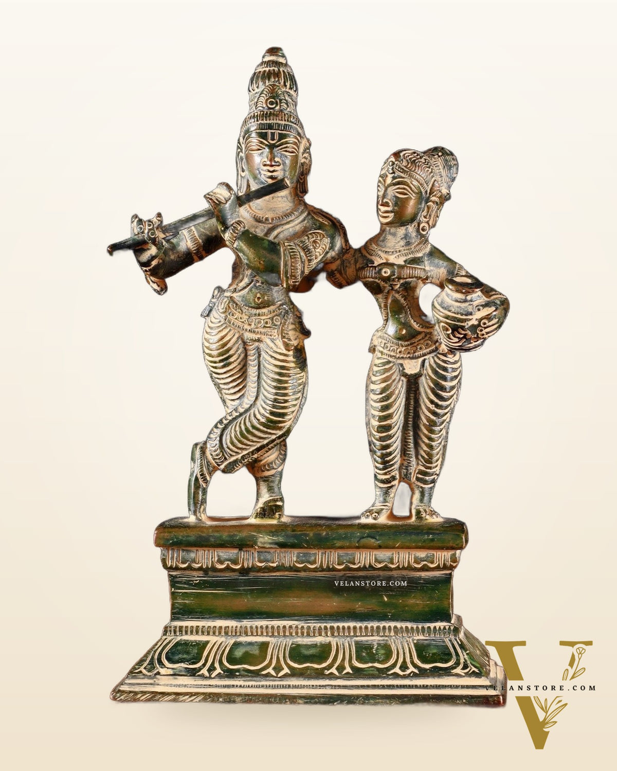 Brass Small Radha Krishna Idol - 6.5" Tall green tone