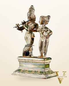 Brass Small Radha Krishna Idol - 6.5" Tall green tone