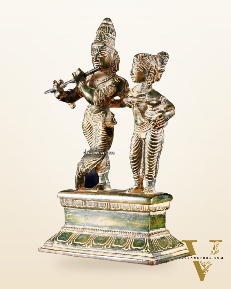 Brass Small Radha Krishna Idol - 6.5" Tall green tone