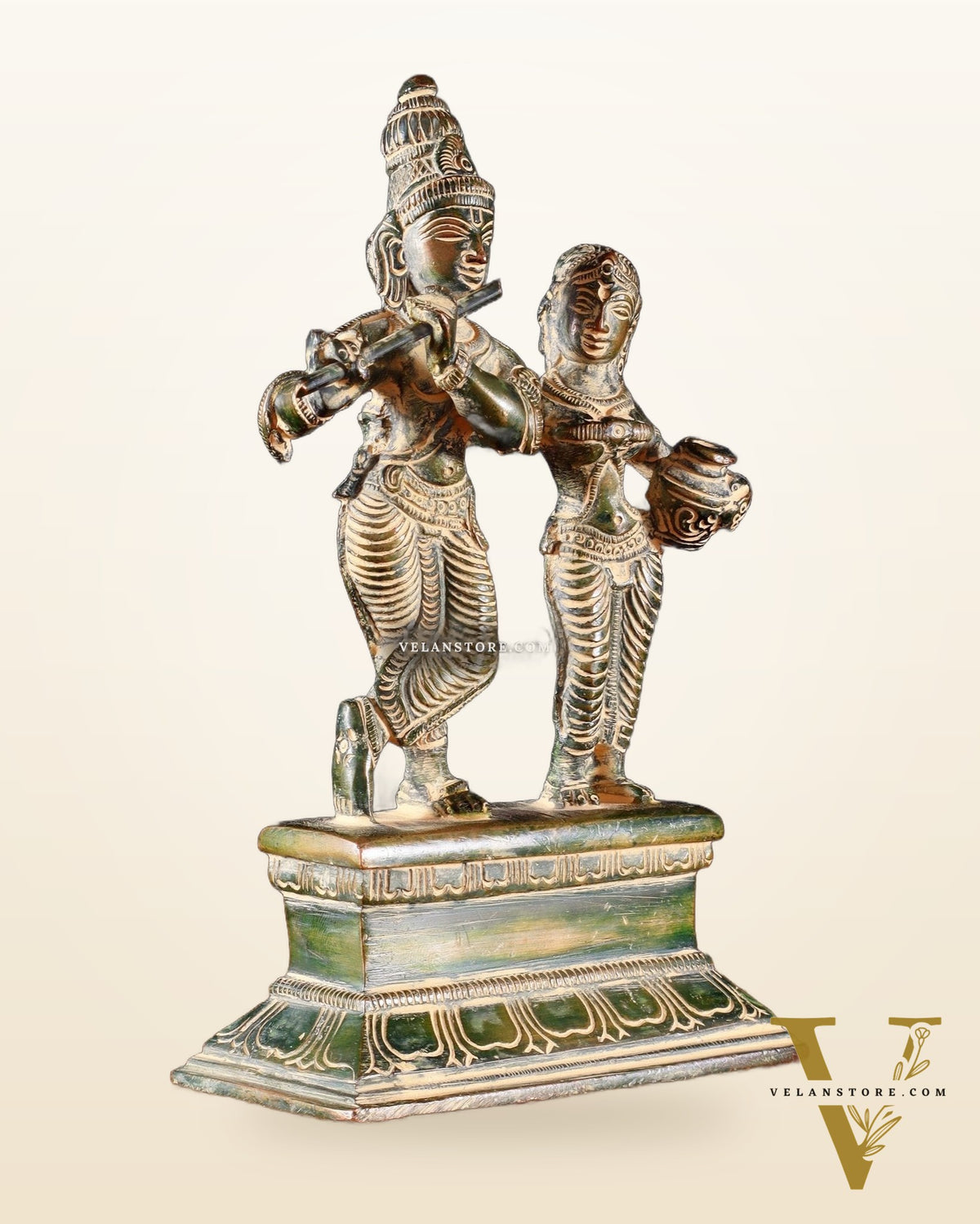 Brass Small Radha Krishna Idol - 6.5" Tall green tone