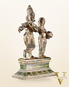 Brass Small Radha Krishna Idol - 6.5" Tall green tone