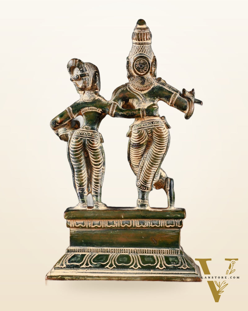 Brass Small Radha Krishna Idol - 6.5" Tall green tone