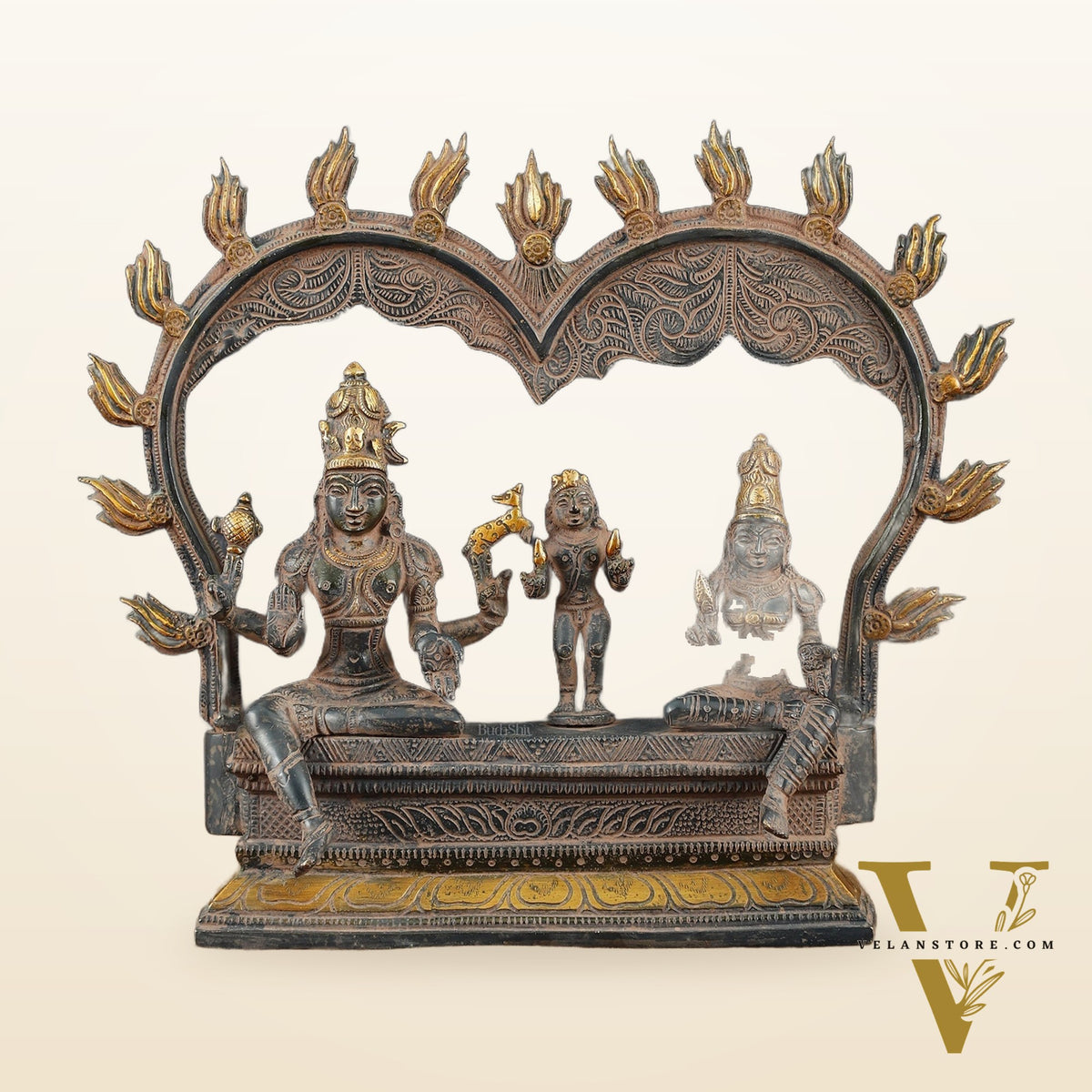 Brass Somaskanda Shiva, Parvati, and Kartikeya Idol – 11.5" Height, Vintage Sandstone Finish
