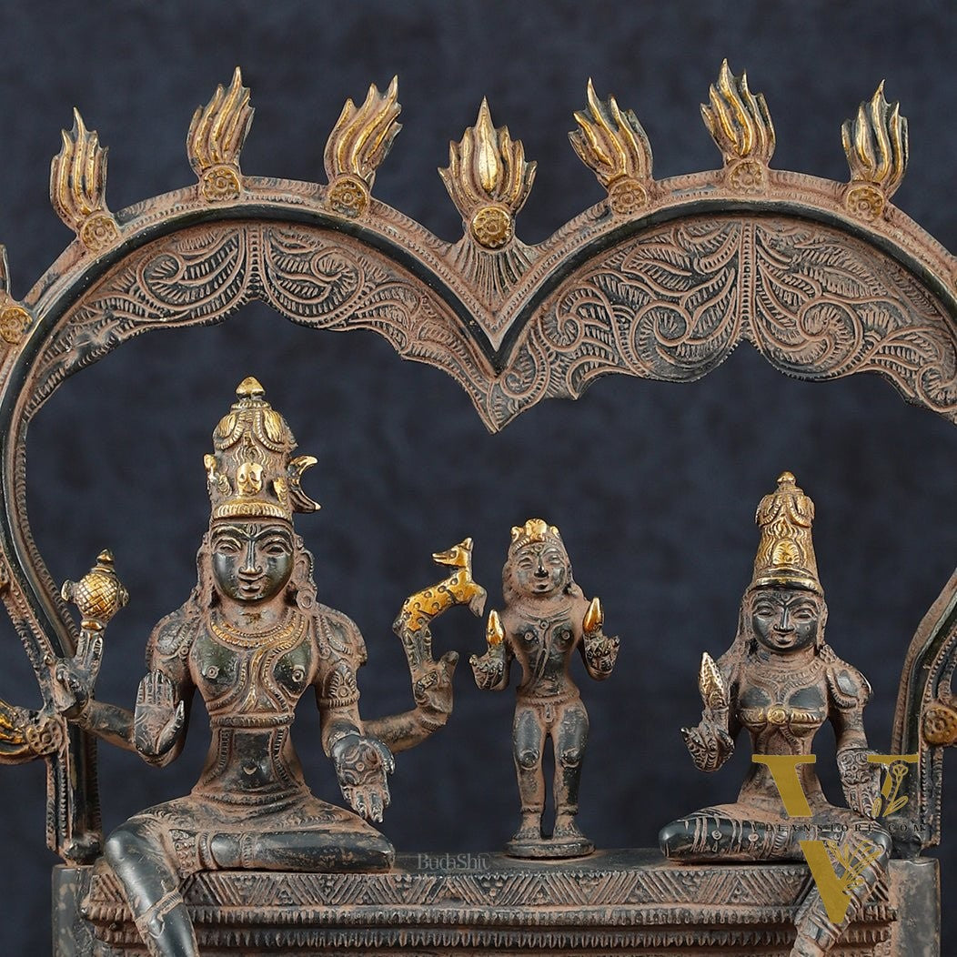 Brass Somaskanda Shiva, Parvati, and Kartikeya Idol – 11.5" Height, Vintage Sandstone Finish