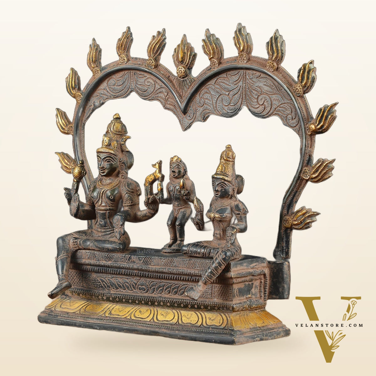 Brass Somaskanda Shiva, Parvati, and Kartikeya Idol – 11.5" Height, Vintage Sandstone Finish