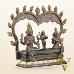 Brass Somaskanda Shiva, Parvati, and Kartikeya Idol – 11.5" Height, Vintage Sandstone Finish
