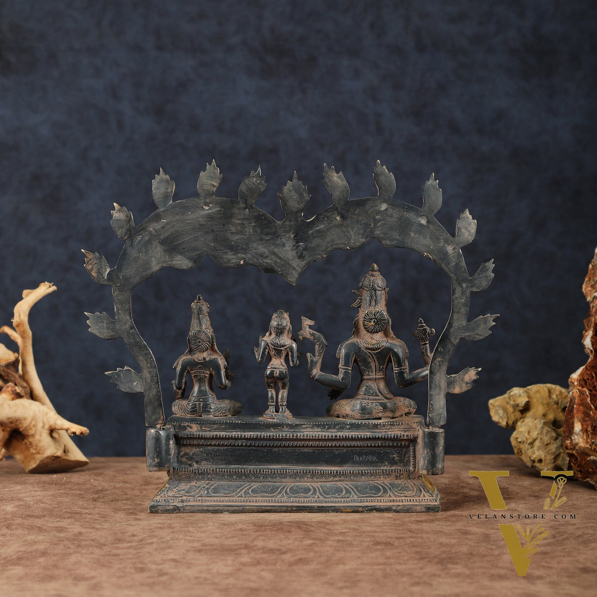Brass Somaskanda Shiva, Parvati, and Kartikeya Idol – 11.5" Height, Vintage Sandstone Finish