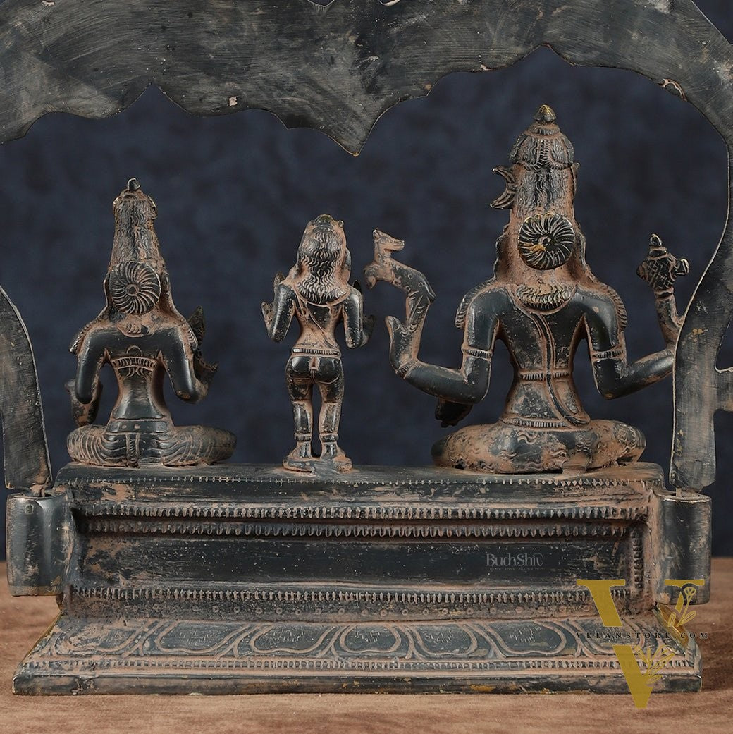 Brass Somaskanda Shiva, Parvati, and Kartikeya Idol – 11.5" Height, Vintage Sandstone Finish