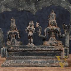 Brass Somaskanda Shiva, Parvati, and Kartikeya Idol – 11.5" Height, Vintage Sandstone Finish