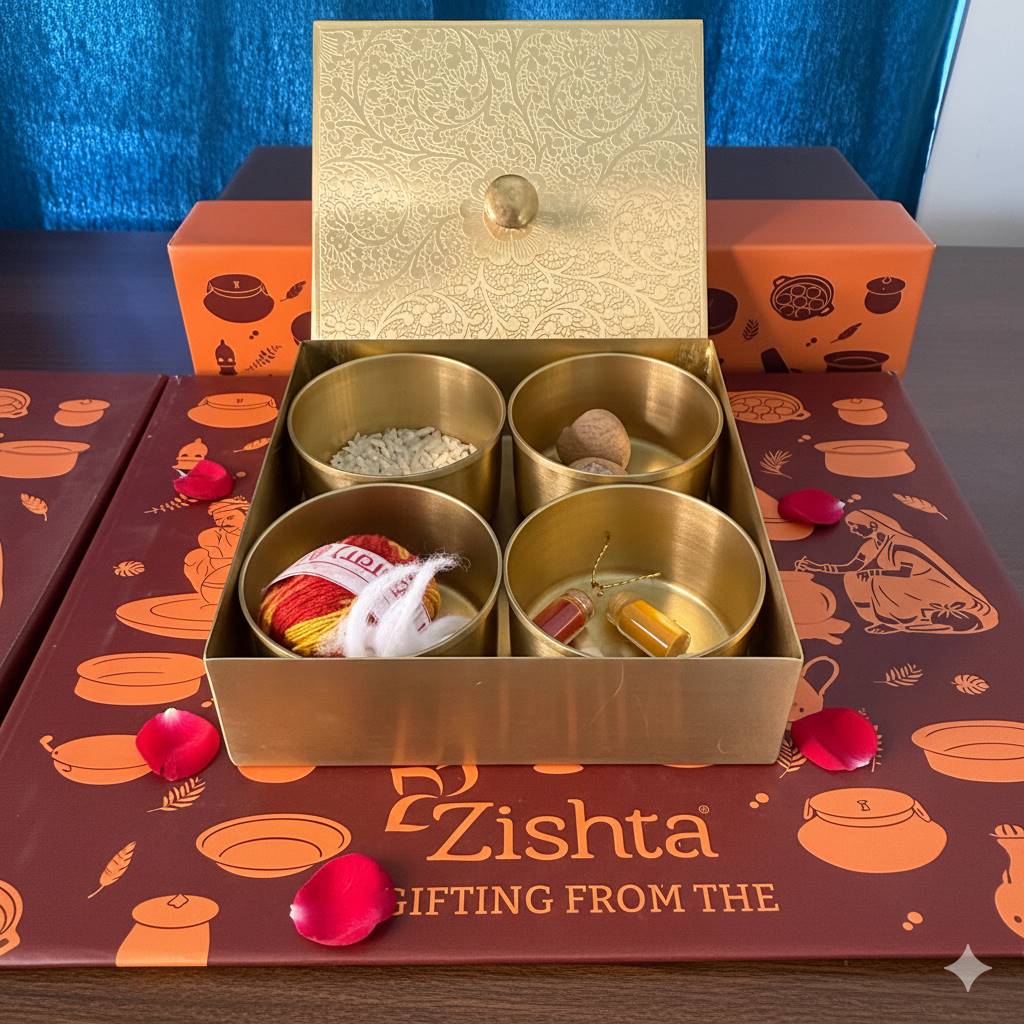 Brass Square Box with 4 Cups - Gift Set