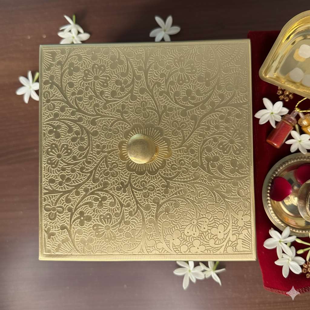 Brass Square Box with 4 Cups - Gift Set