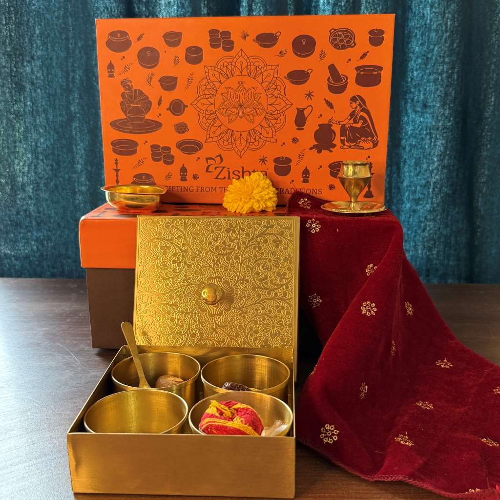 Brass Square Box with 4 Cups - Gift Set