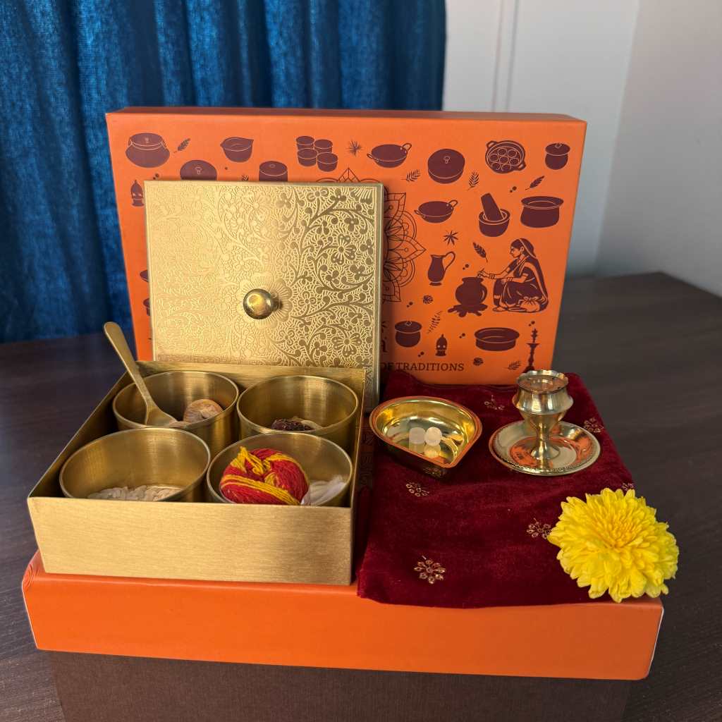 Brass Square Box with 4 Cups - Gift Set