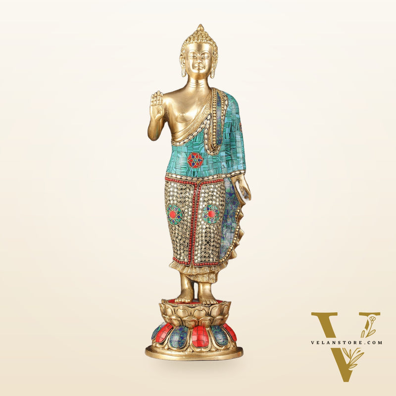 Brass Standing Buddha Statue with stonework | 21.5"