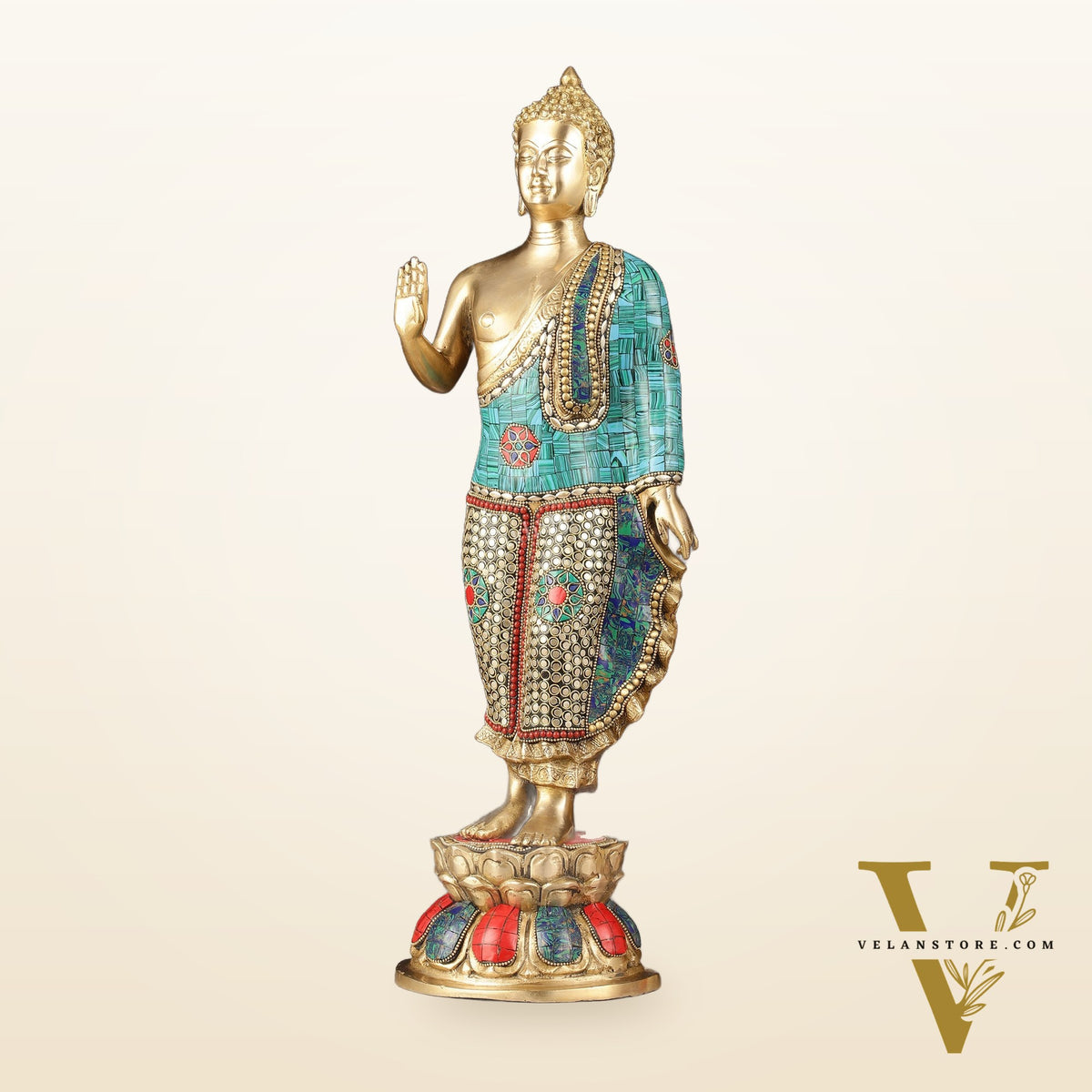 Brass Standing Buddha Statue with stonework | 21.5"