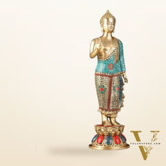 Brass Standing Buddha Statue with stonework | 21.5"