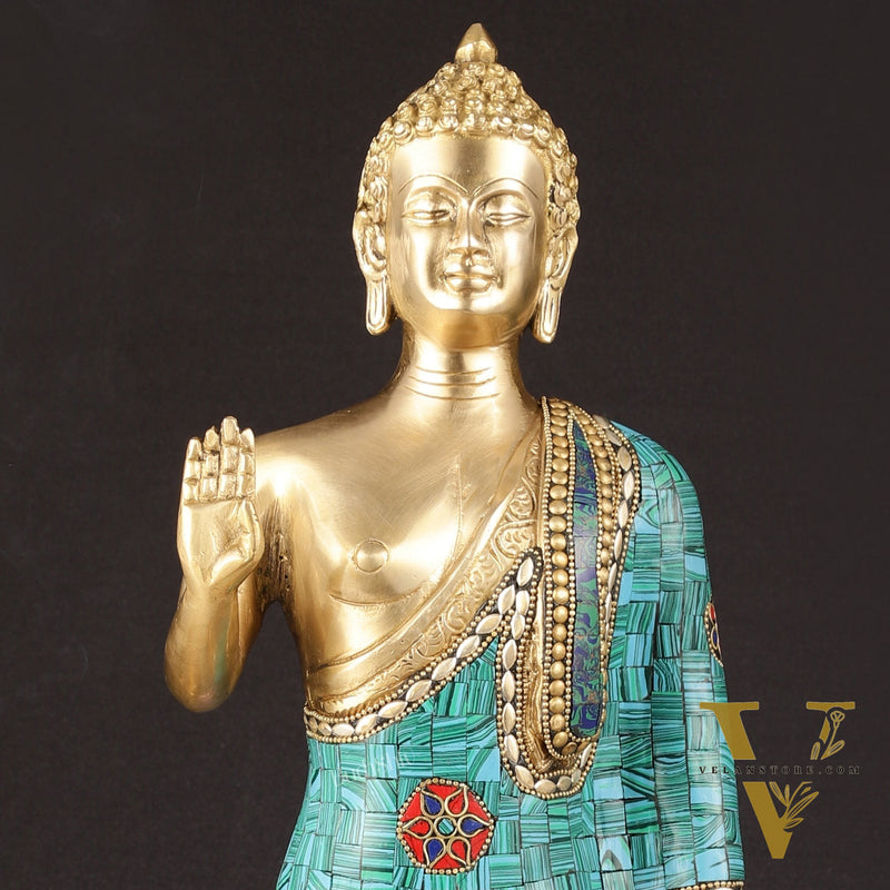 Brass Standing Buddha Statue with stonework | 21.5"