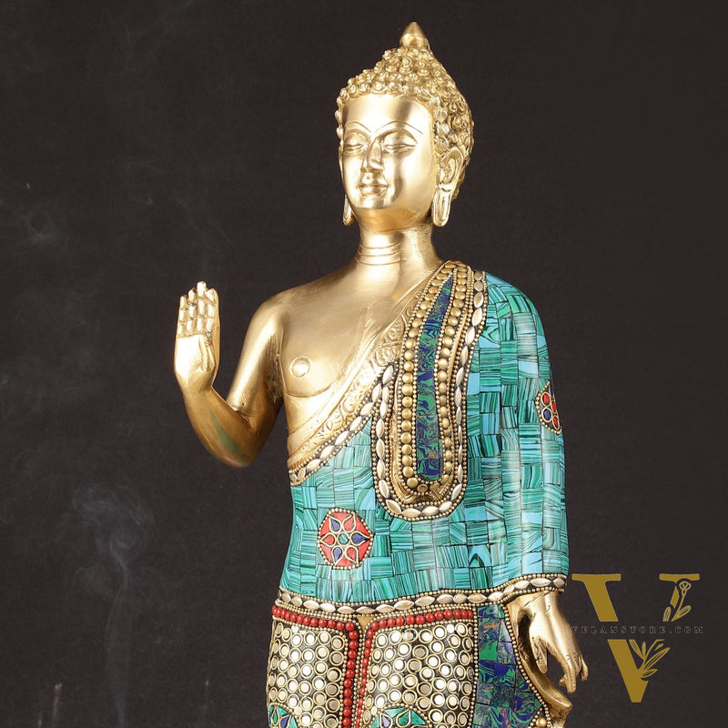 Brass Standing Buddha Statue with stonework | 21.5"