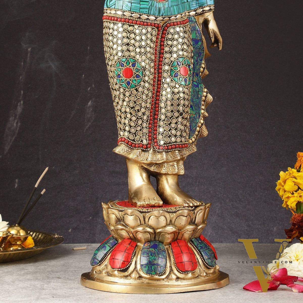 Brass Standing Buddha Statue with stonework | 21.5"