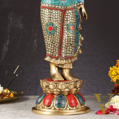 Brass Standing Buddha Statue with stonework | 21.5"