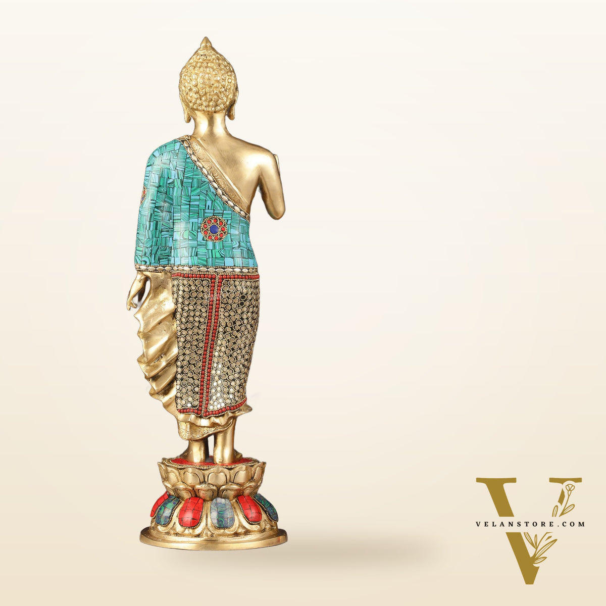Brass Standing Buddha Statue with stonework | 21.5"