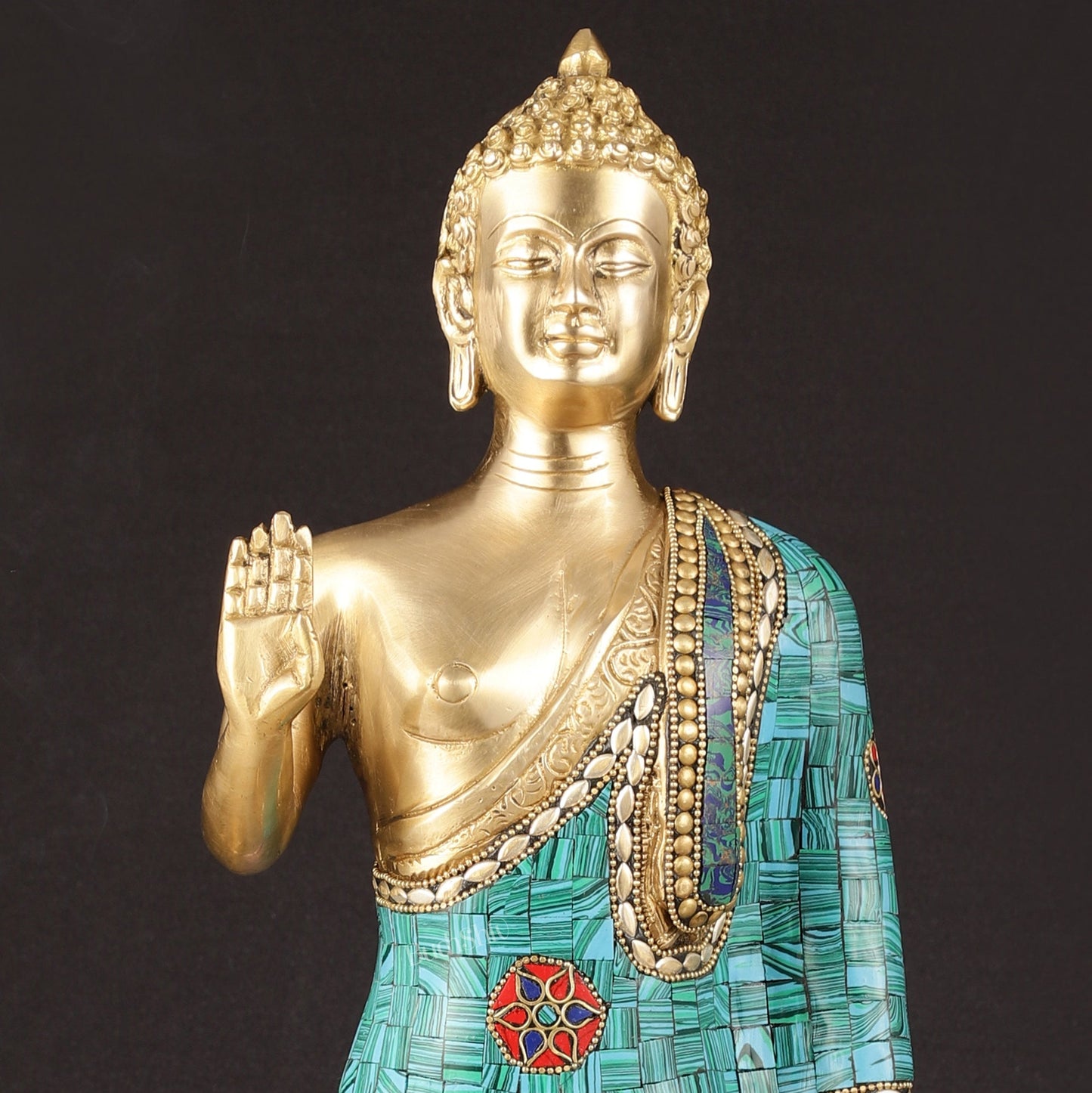 Brass Standing Buddha Statue with stonework | 21.5"