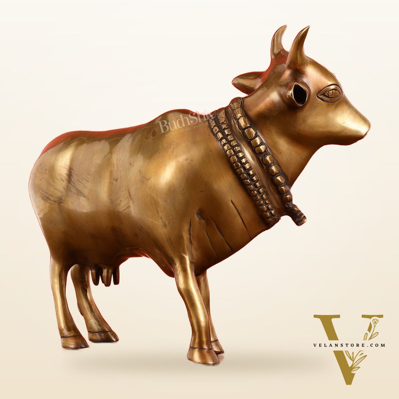Brass Standing Cow Idol - Gomatha Statue with Antique Finish | 13 inch