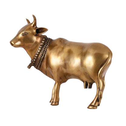 Brass Standing Cow Idol - Gomatha Statue with Antique Finish | 13 inch