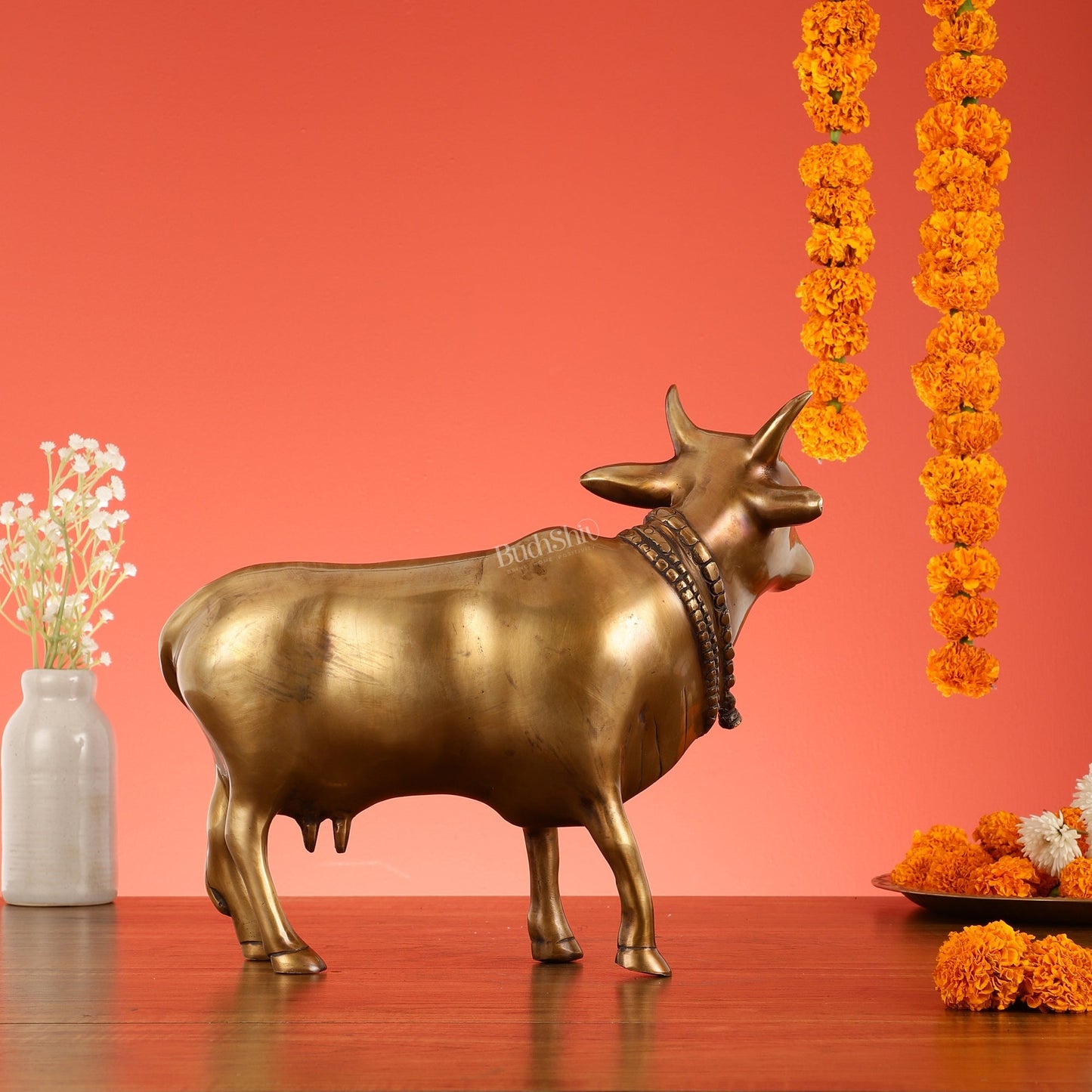Brass Standing Cow Idol - Gomatha Statue with Antique Finish | 13 inch