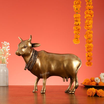 Brass Standing Cow Idol - Gomatha Statue with Antique Finish | 13 inch