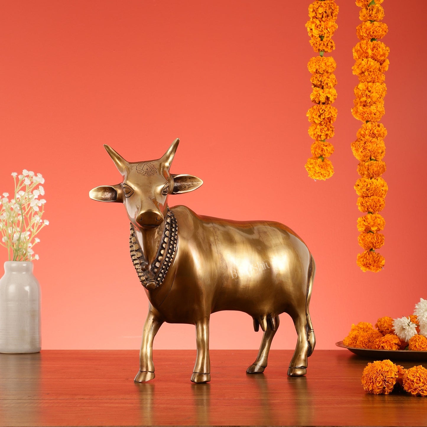Brass Standing Cow Idol - Gomatha Statue with Antique Finish | 13 inch