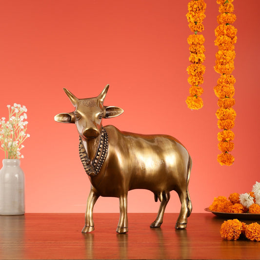 Brass Standing Cow Idol - Gomatha Statue with Antique Finish | 13 inch