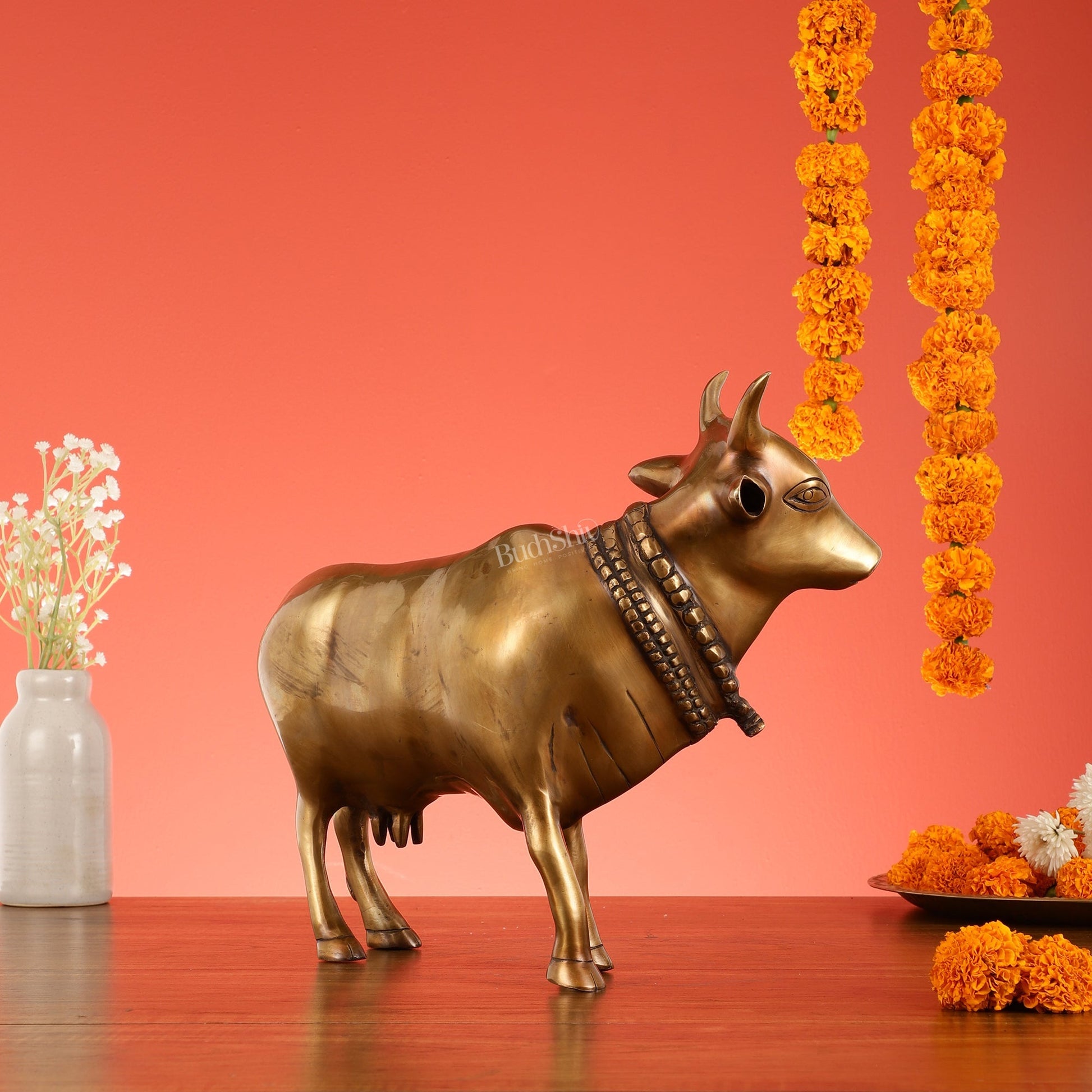 Brass Standing Cow Idol - Gomatha Statue with Antique Finish | 13 inch
