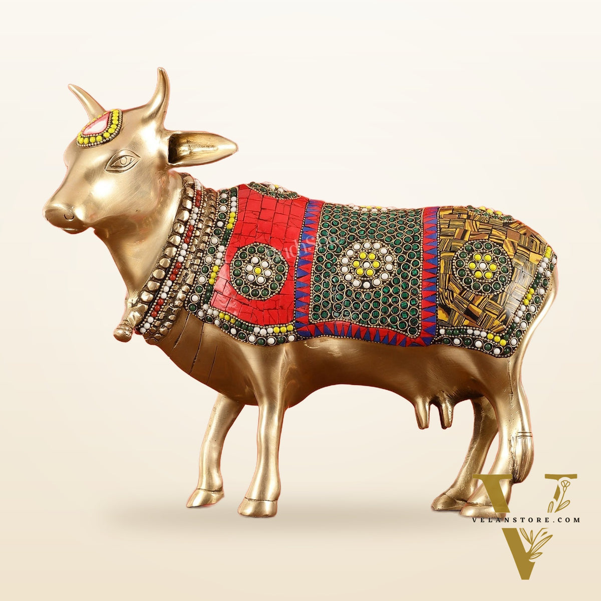 Brass Standing Cow Idol - Gomatha Statue with stonework | 13 inch