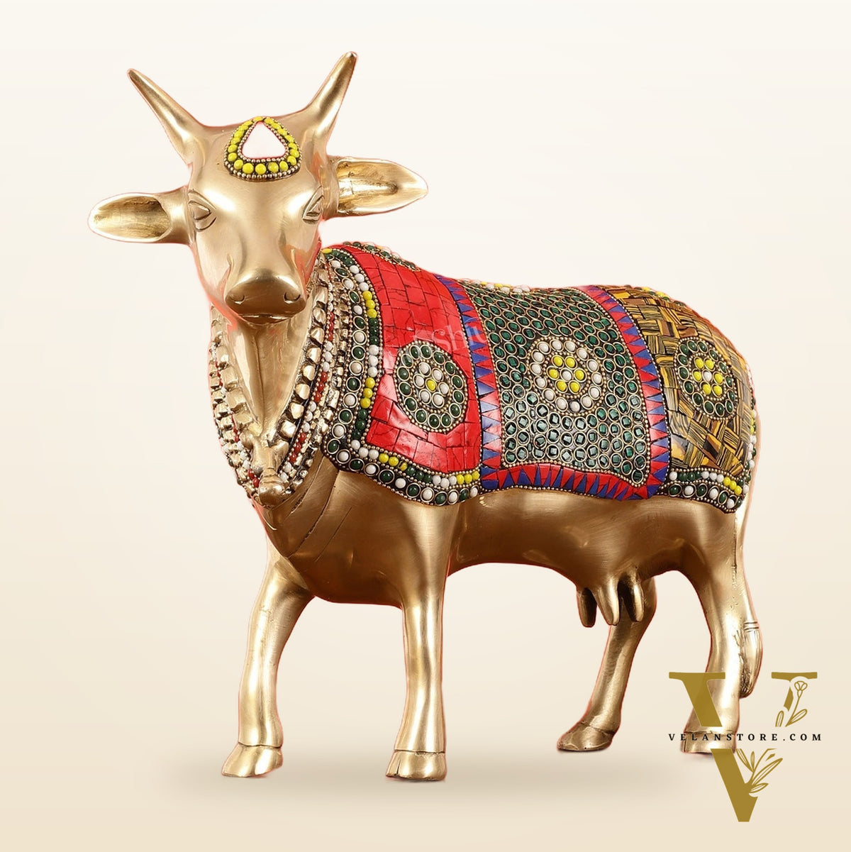 Brass Standing Cow Idol - Gomatha Statue with stonework | 13 inch