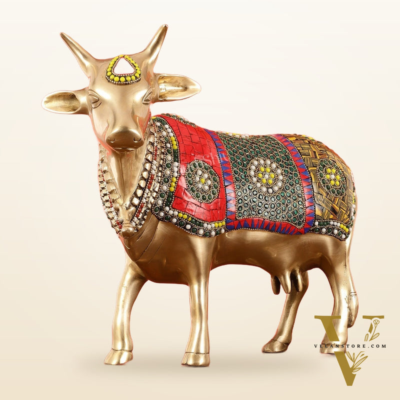 Brass Standing Cow Idol - Gomatha Statue with stonework | 13 inch