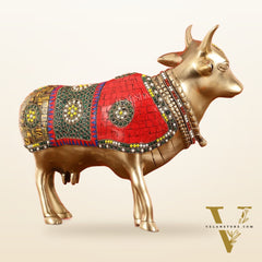 Brass Standing Cow Idol - Gomatha Statue with stonework | 13 inch