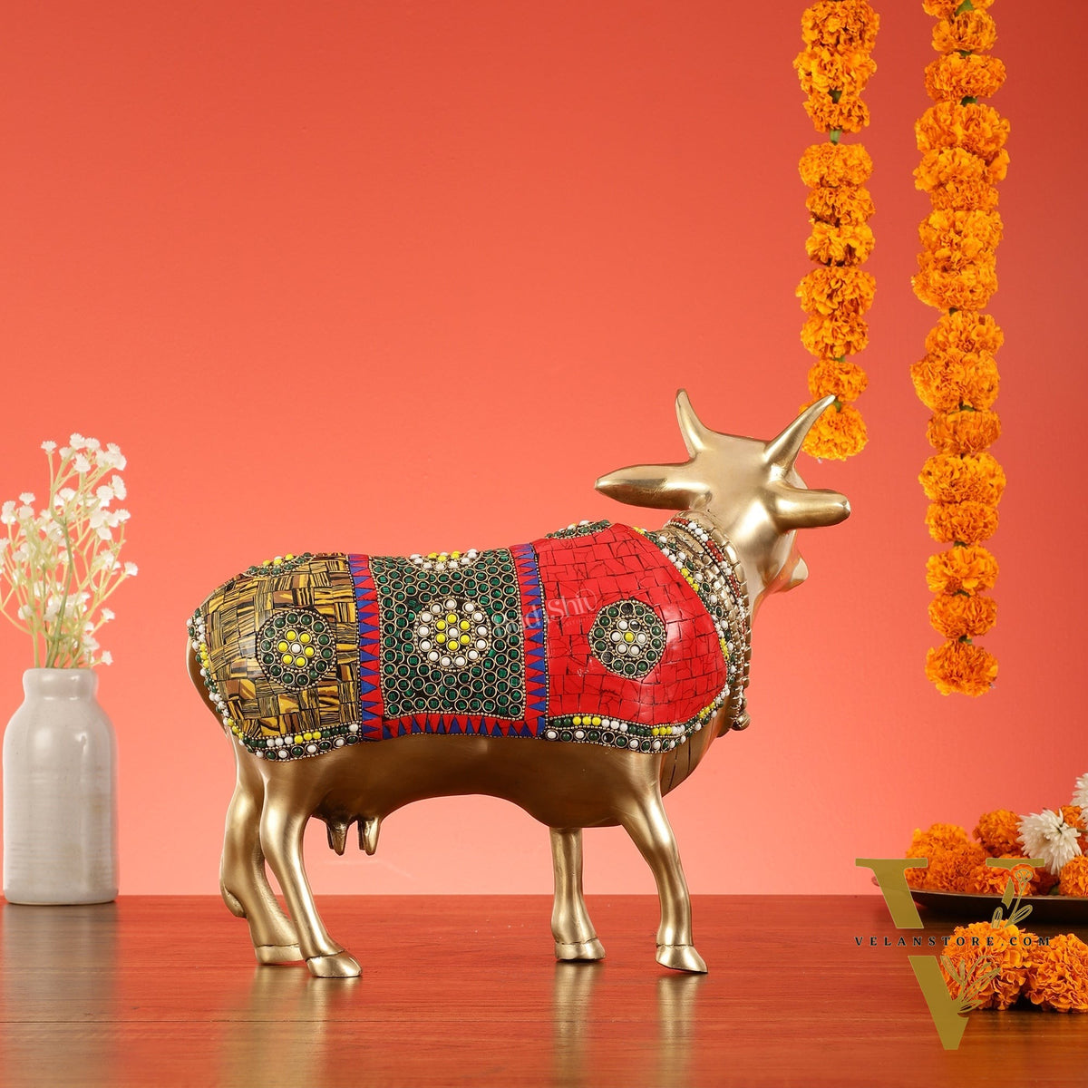 Brass Standing Cow Idol - Gomatha Statue with stonework | 13 inch