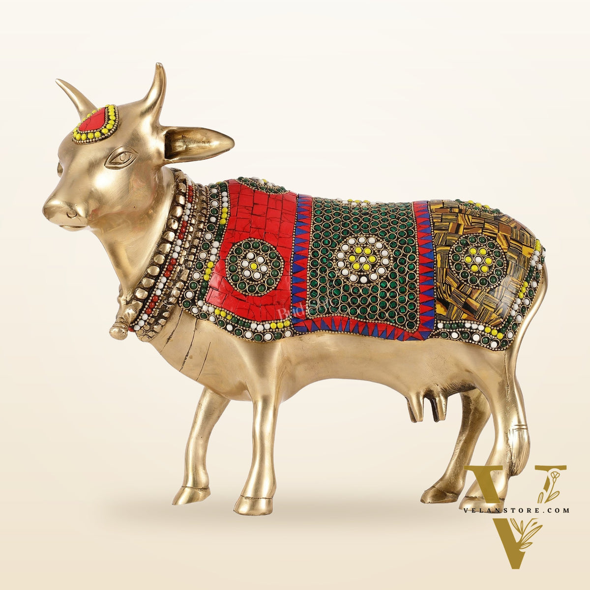 Brass Standing Cow Idol - Gomatha Statue with stonework | 13 inch