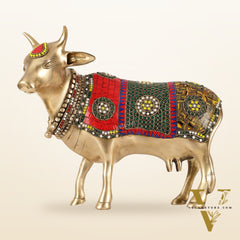 Brass Standing Cow Idol - Gomatha Statue with stonework | 13 inch