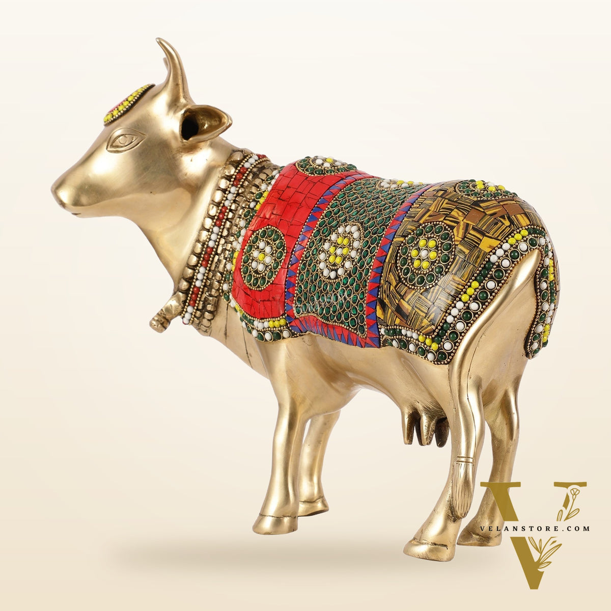Brass Standing Cow Idol - Gomatha Statue with stonework | 13 inch
