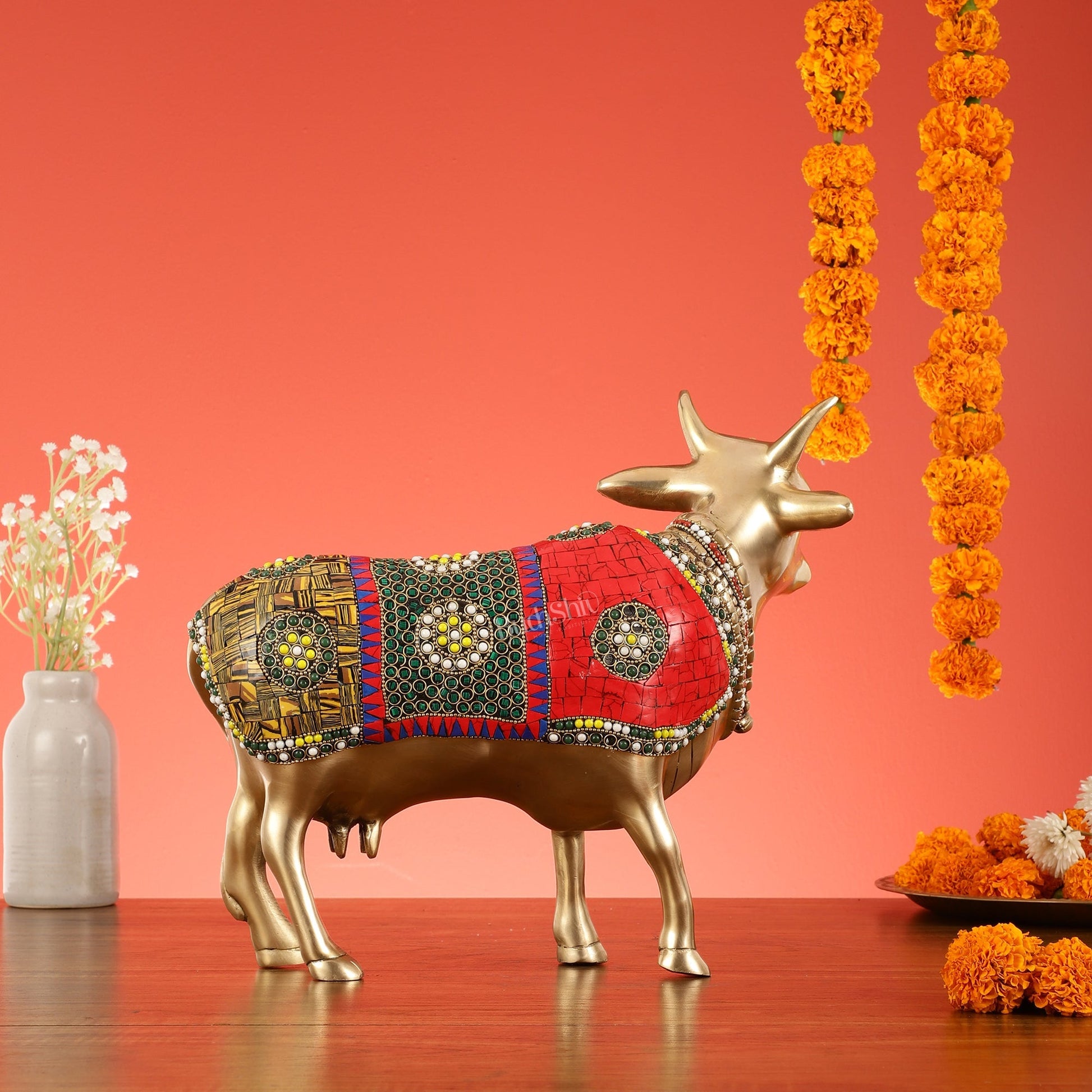 Brass Standing Cow Idol - Gomatha Statue with stonework | 13 inch