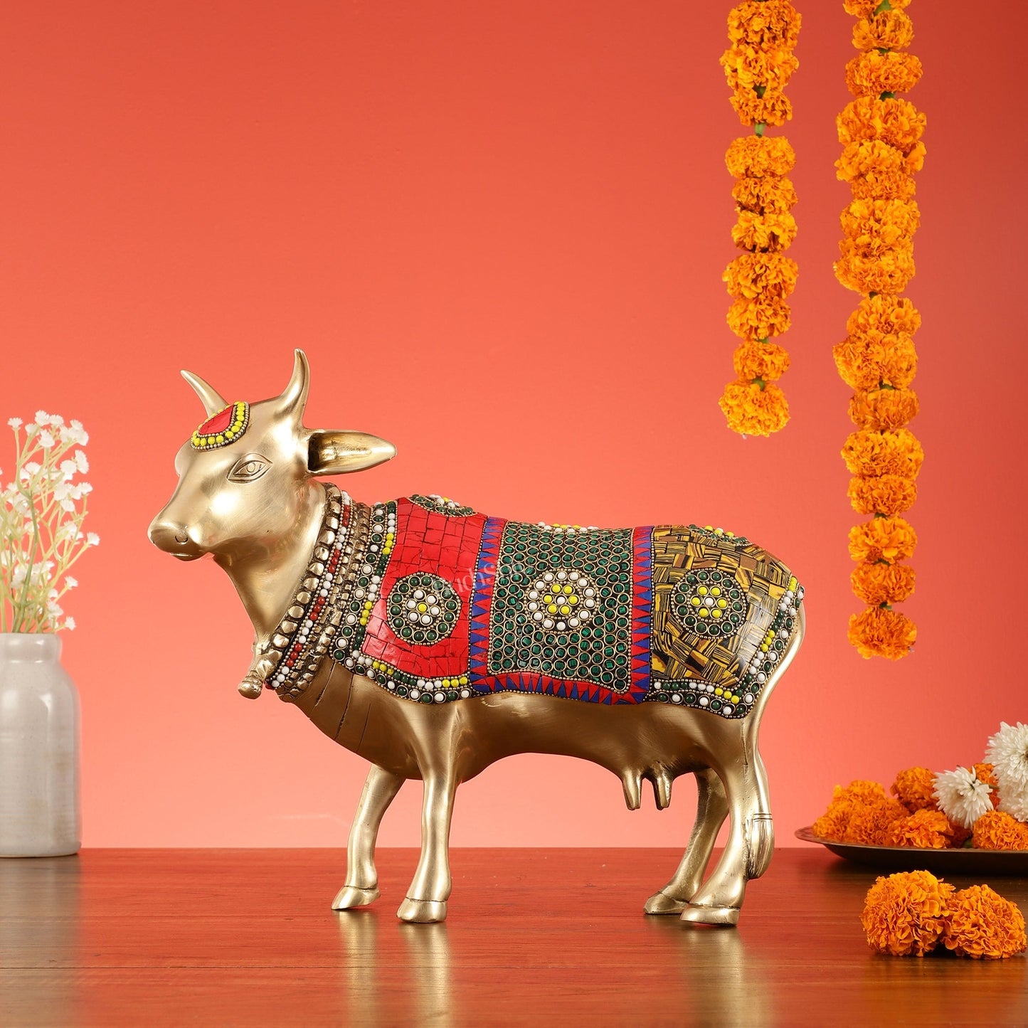 Brass Standing Cow Idol - Gomatha Statue with stonework | 13 inch