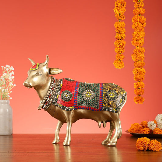 Brass Standing Cow Idol - Gomatha Statue with stonework | 13 inch