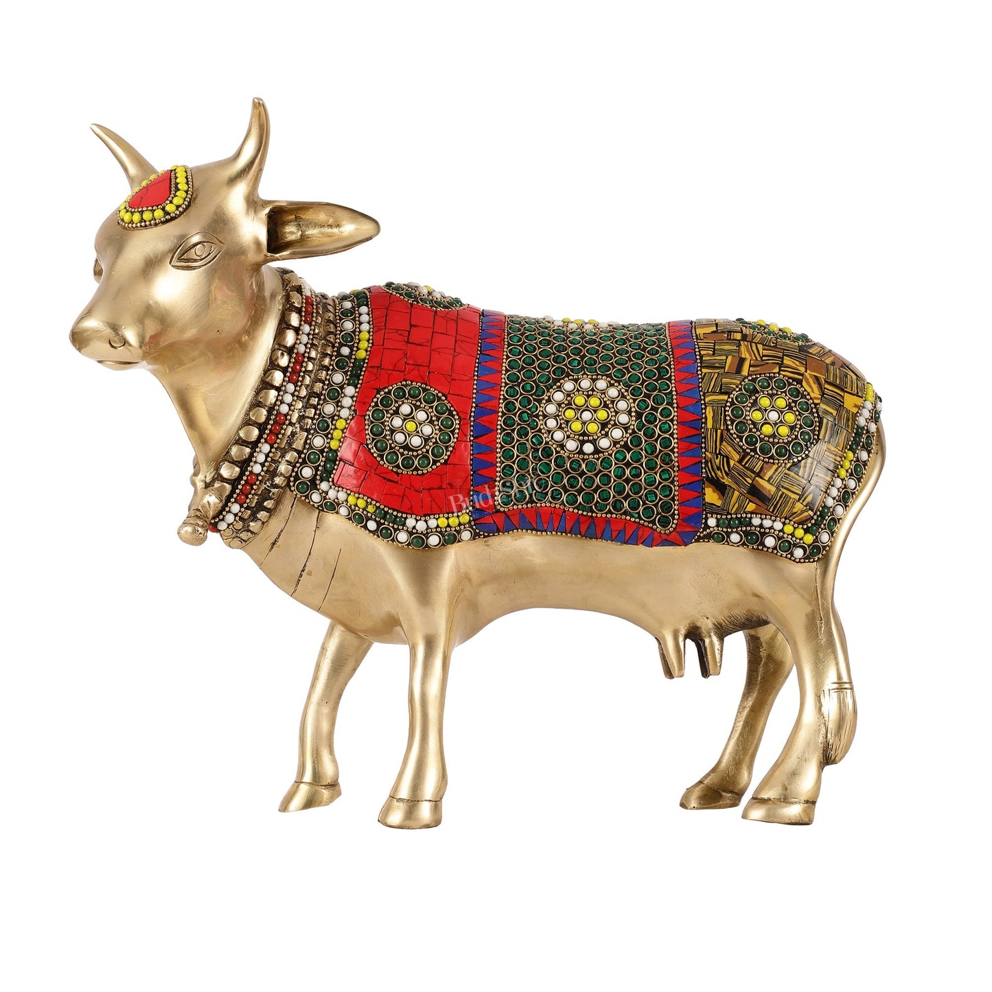 Brass Standing Cow Idol - Gomatha Statue with stonework | 13 inch