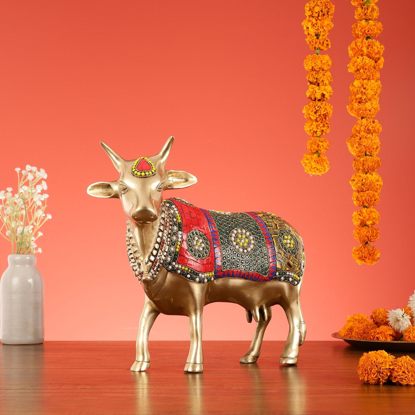 Brass Standing Cow Idol - Gomatha Statue with stonework | 13 inch